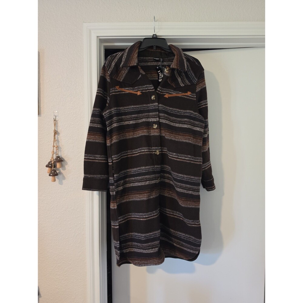NWT Cruel Denim Ladies Aztec Printed Brown Multi Colored Sweater Duster Sz L